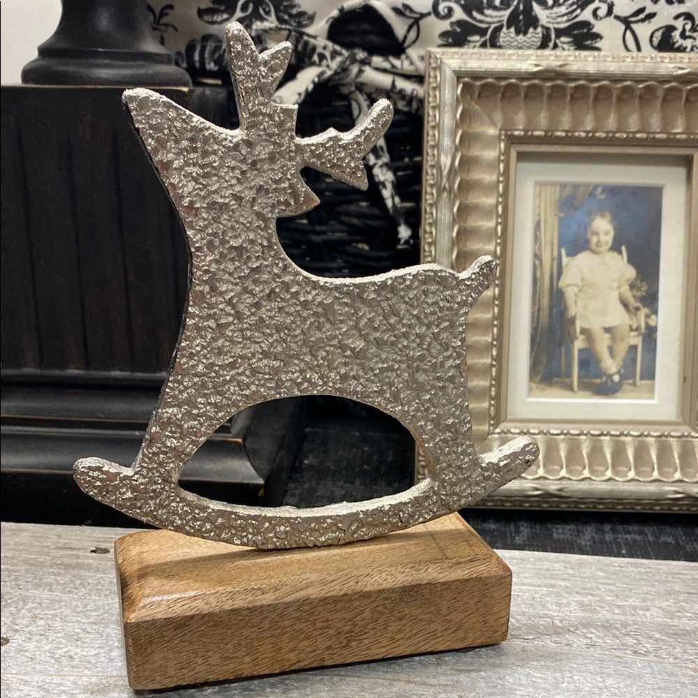 Silver-Tone Textured Reindeer Table Accent on Wood Base!